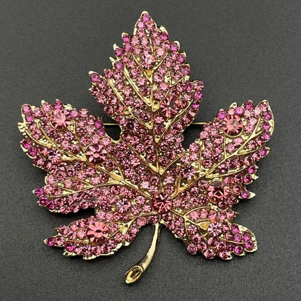 Yellow Gold with Pink Sapphire Crystal Single Maple Leaf Pin Back Brooch